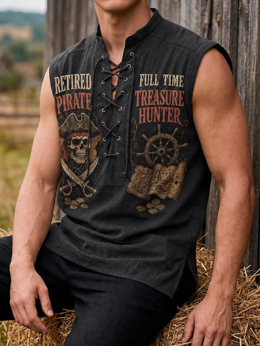 Retired Pirate “Full-Time Treasure Hunter” Vintage Lace-Up Sleeveless Shirt