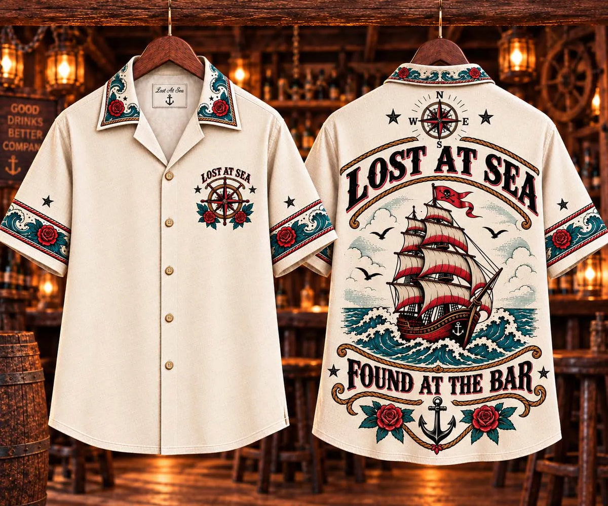 ⚓ Lost At Sea Found At The Bar Vintage Nautical Ship Graphic Hawaiian Shirt
