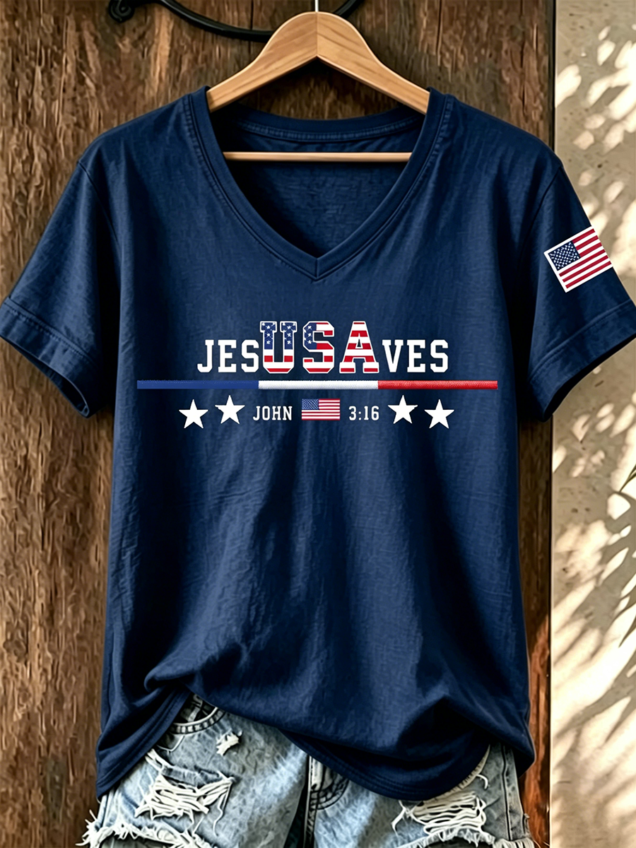American Faith Jesus Cross Commemorative Print V-Neck T-Shirt