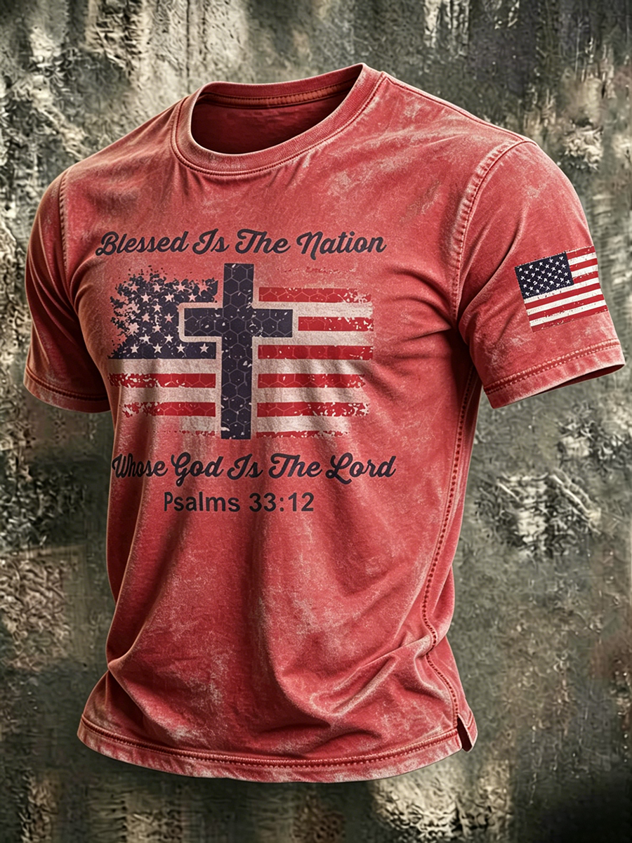 American Flag Faith Cross Slogan Commemorative Print Round Neck T-shirt