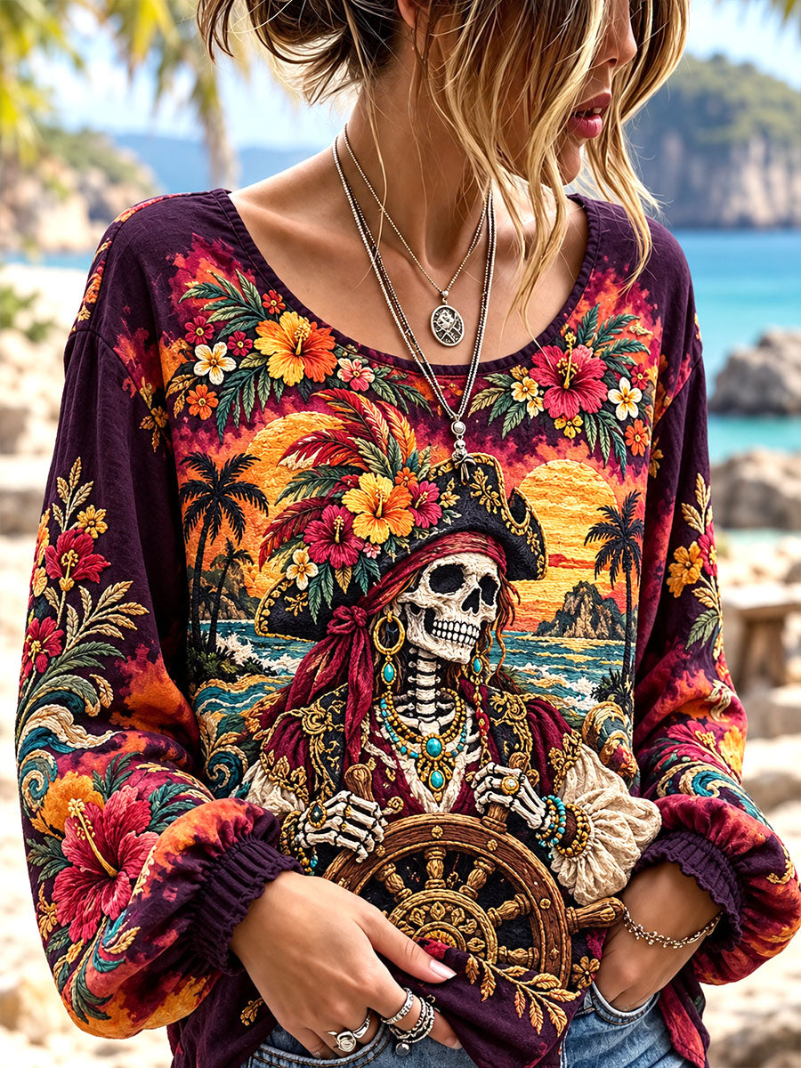 Pirate Skeleton Helm Sunset Floral Long Sleeve Top