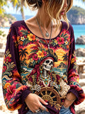 Pirate Skeleton Helm Sunset Floral Long Sleeve Top