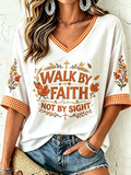 Women'S Retro Autumn Embroidered Scripture Checkered V-Neck Top