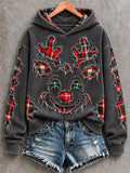 🦌 Dark Grey Plaid Distressed Christmas Reindeer Face Hoodie