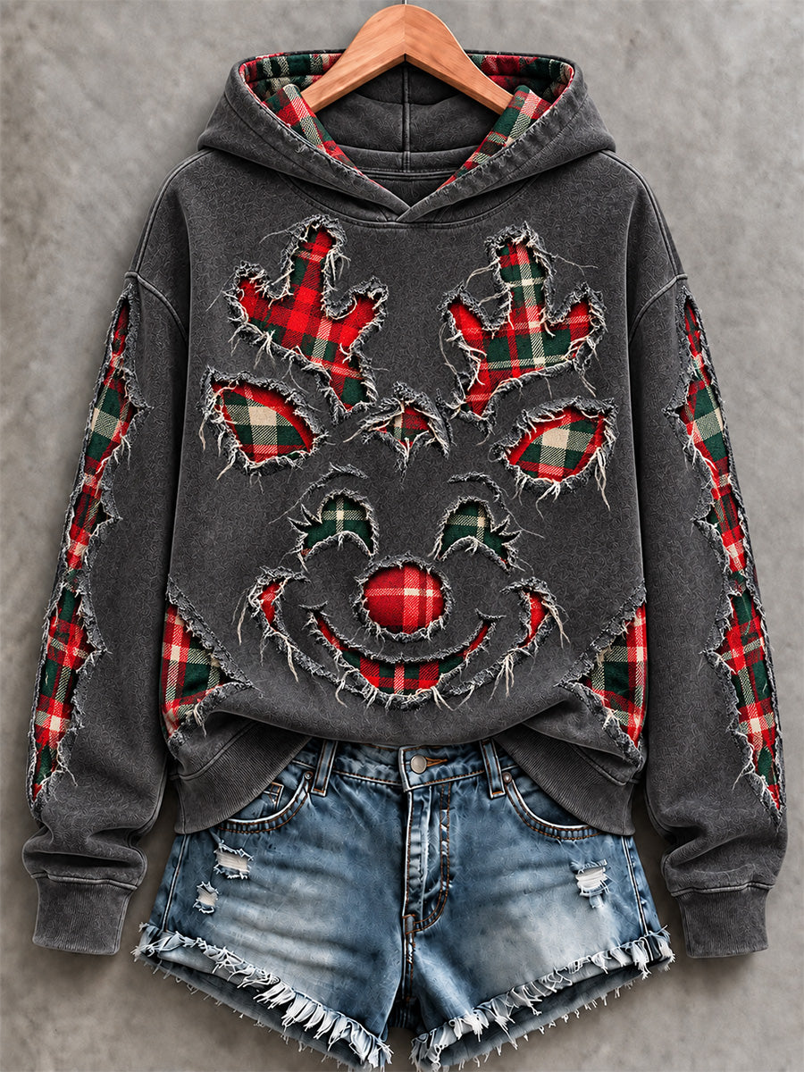 🦌 Dark Grey Plaid Distressed Christmas Reindeer Face Hoodie