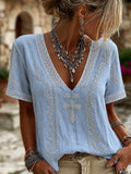 Women's Retro Religious Beliefs Printed V-neck Cotton Hemp Top
