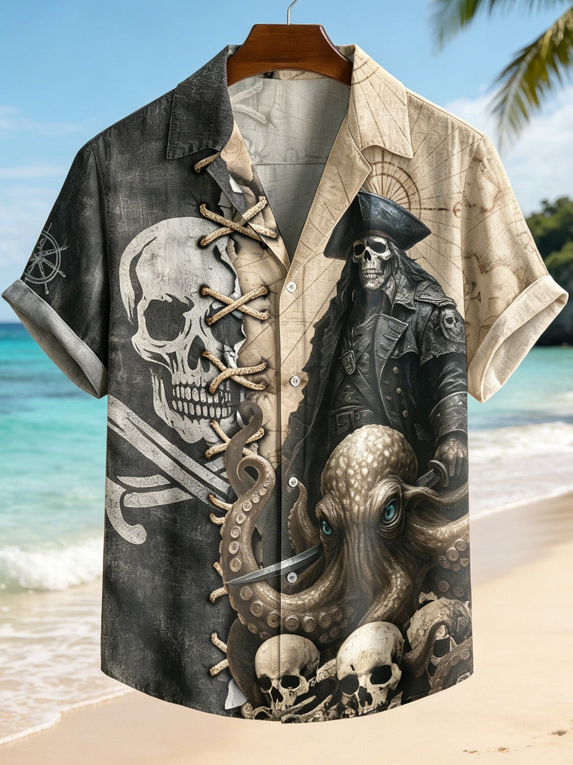Men's Pirate Skull & Octopus Art Print Casual Shirt