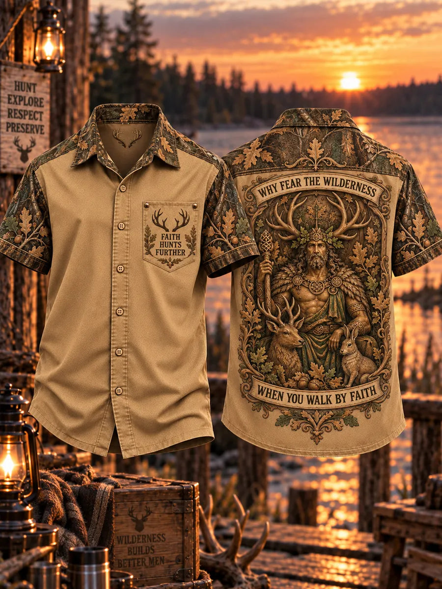 Men’s Vintage “WHY FEAR THE WILDERNESS · WHEN YOU WALK BY FAITH” Hunting Short Sleeve Shirt