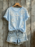 Women's Floral Cross Print Faith Round Neck Short-sleeved T-shirt
