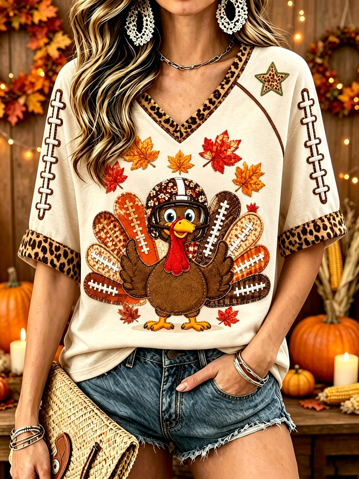 Women's Fun Turkey Football Print T-Shirt