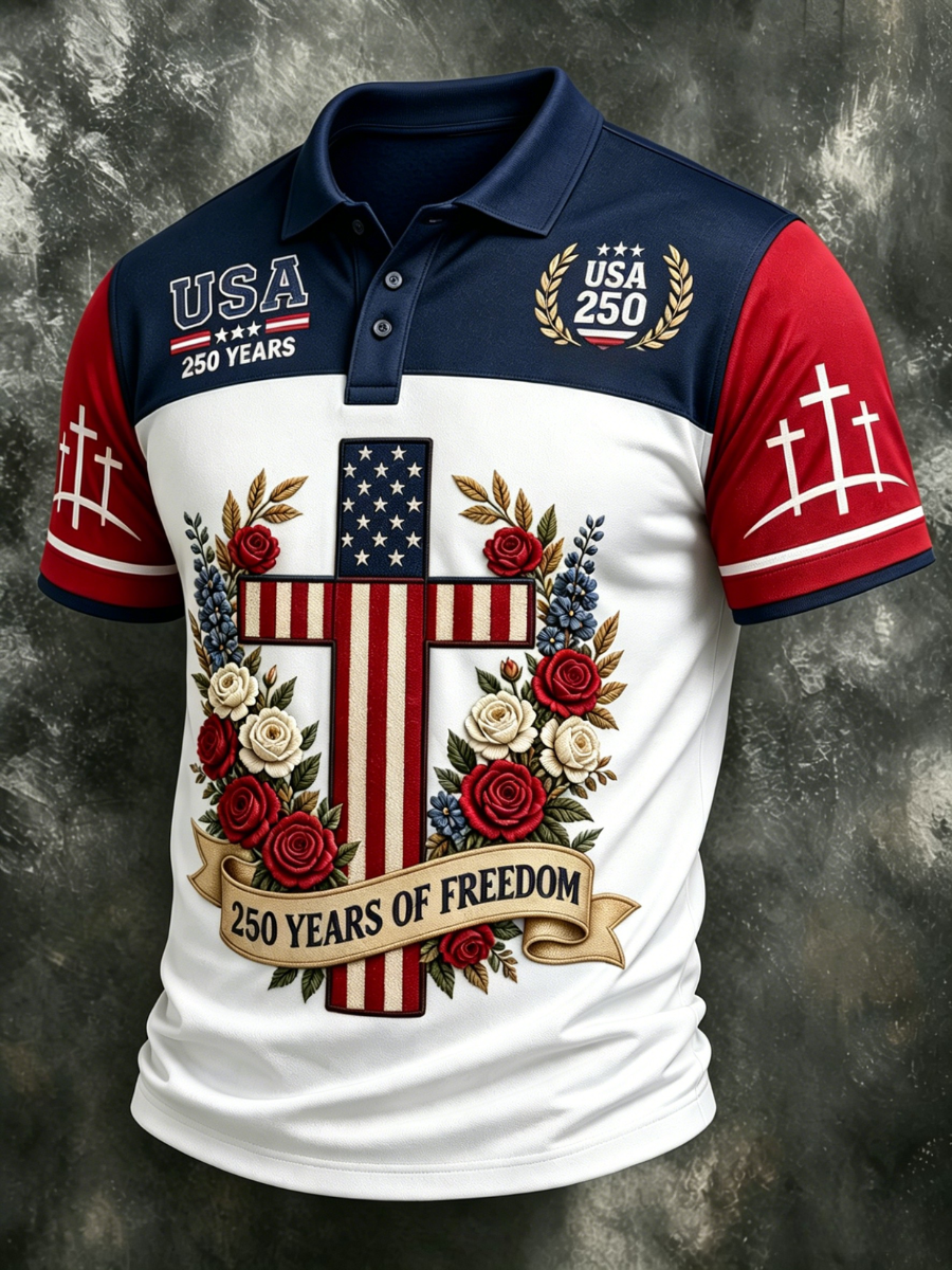 Men's 250th Anniversary Celebration Faith Cross Printed Casual Polo Shirt
