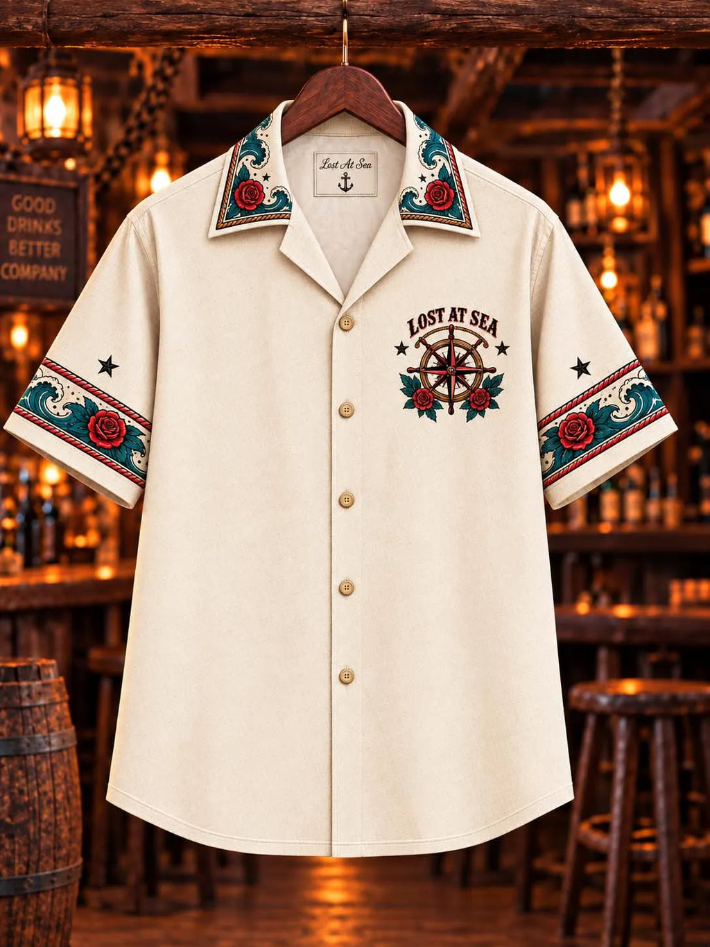 ⚓ Lost At Sea Found At The Bar Vintage Nautical Ship Graphic Hawaiian Shirt