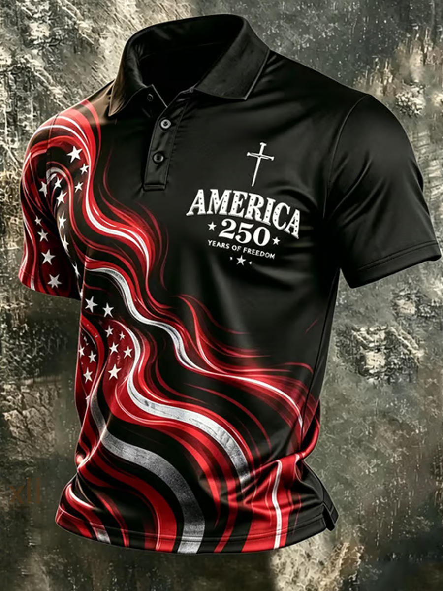 Men's American Flag Print Polo Shirt