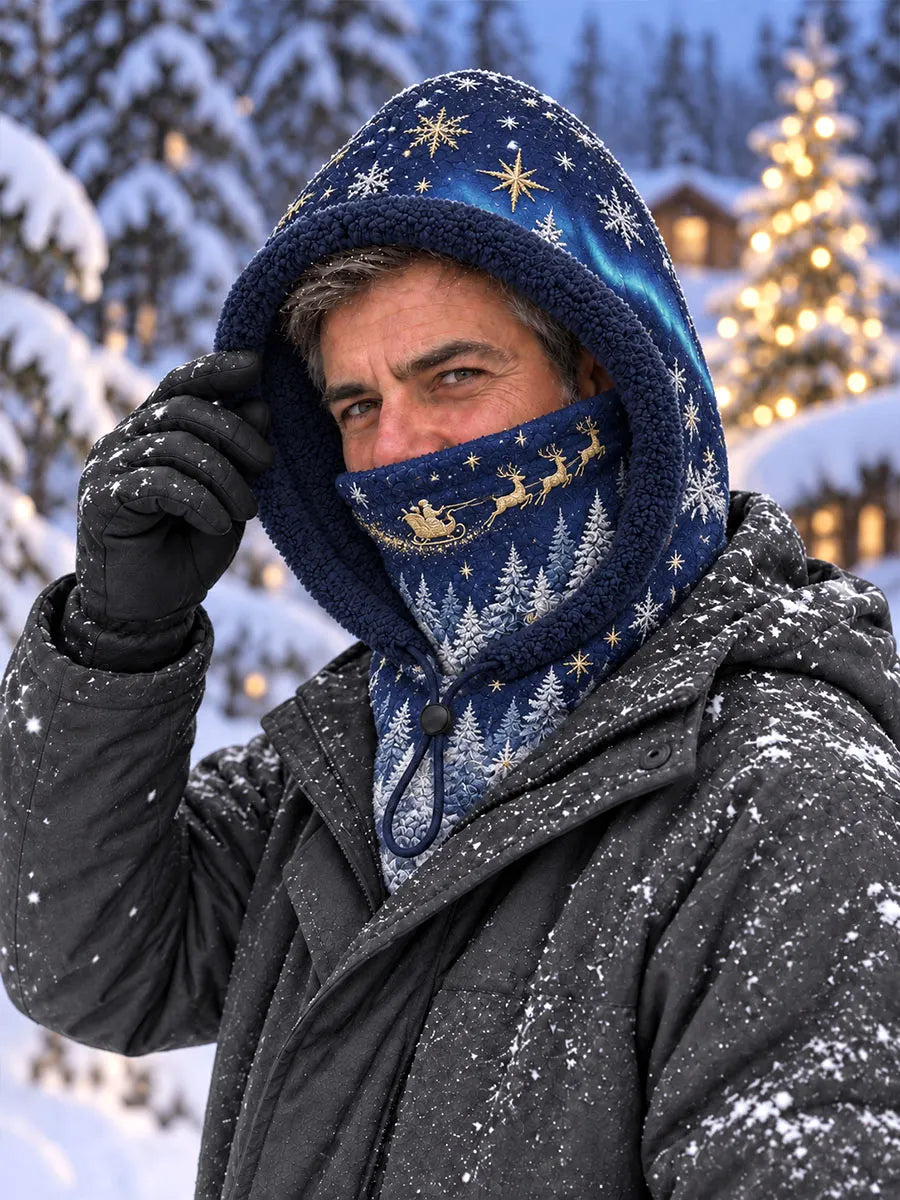 Men’s Christmas Snowy Night Reindeer Sleigh Fleece-Lined Hooded Neck Warmer Balaclava