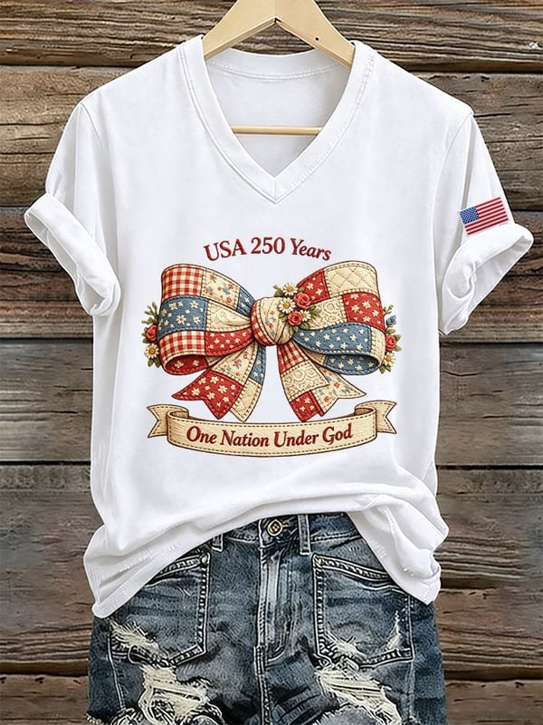 250 Years Of God Under One Country Printed V-Neck T-Shirt For American Women