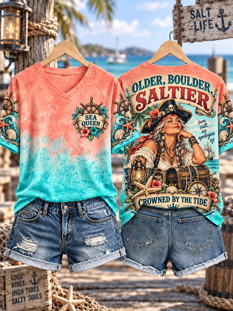 Women’s Older, Bolder, Saltier Pirate Queen Graphic V-Neck T-Shirt