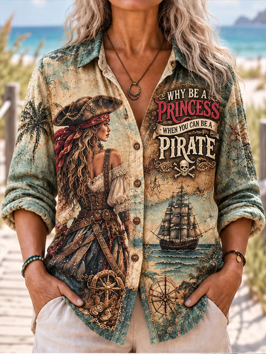 Women's Retro Style Pirate Ocean Theme Long-Sleeve Collared Shirt