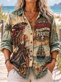 Women's Retro Style Pirate Ocean Theme Long-Sleeve Collared Shirt