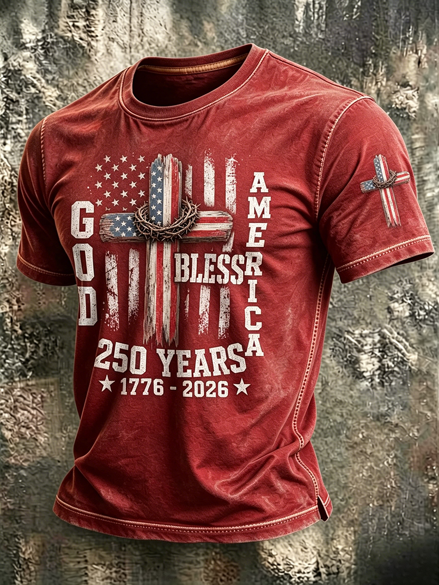 American Flag Faith Printed Round Neck T-shirt
