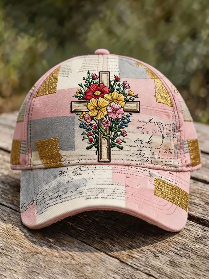 Cross Floral Embroidered Patchwork Christian Baseball Cap