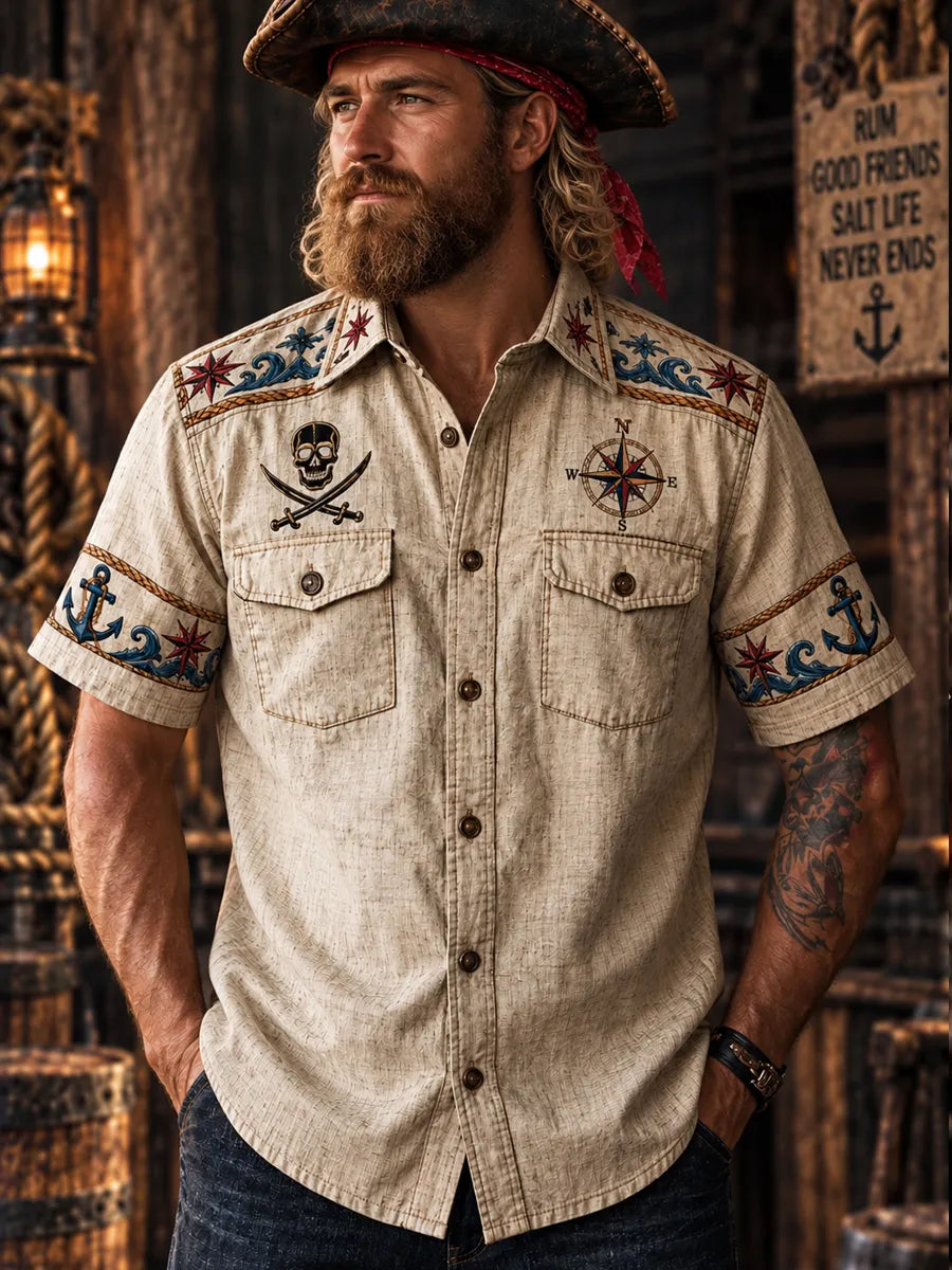 Men’s Vintage  "LOST AT SEA " Old Salt Pirate Short Sleeve Shirt