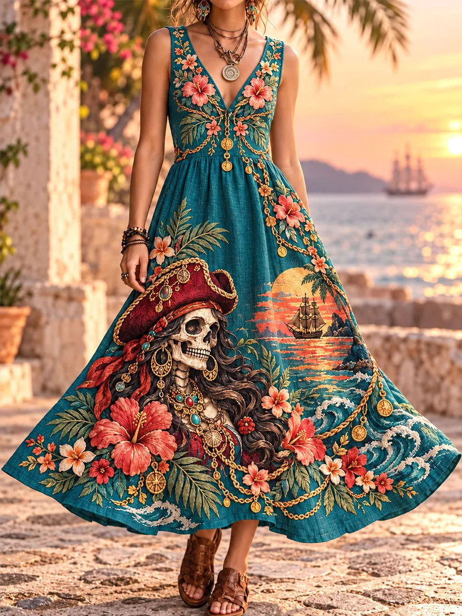 Pirate Skeleton Tropical Floral Sunset V-Neck Dress
