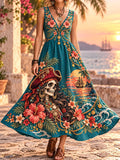 Pirate Skeleton Tropical Floral Sunset V-Neck Dress