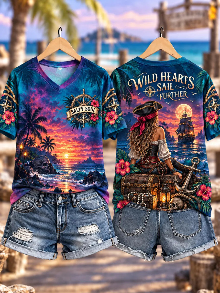 Women’s Wild Hearts Sail Further Pirate Sunset Graphic V-Neck T-Shirt