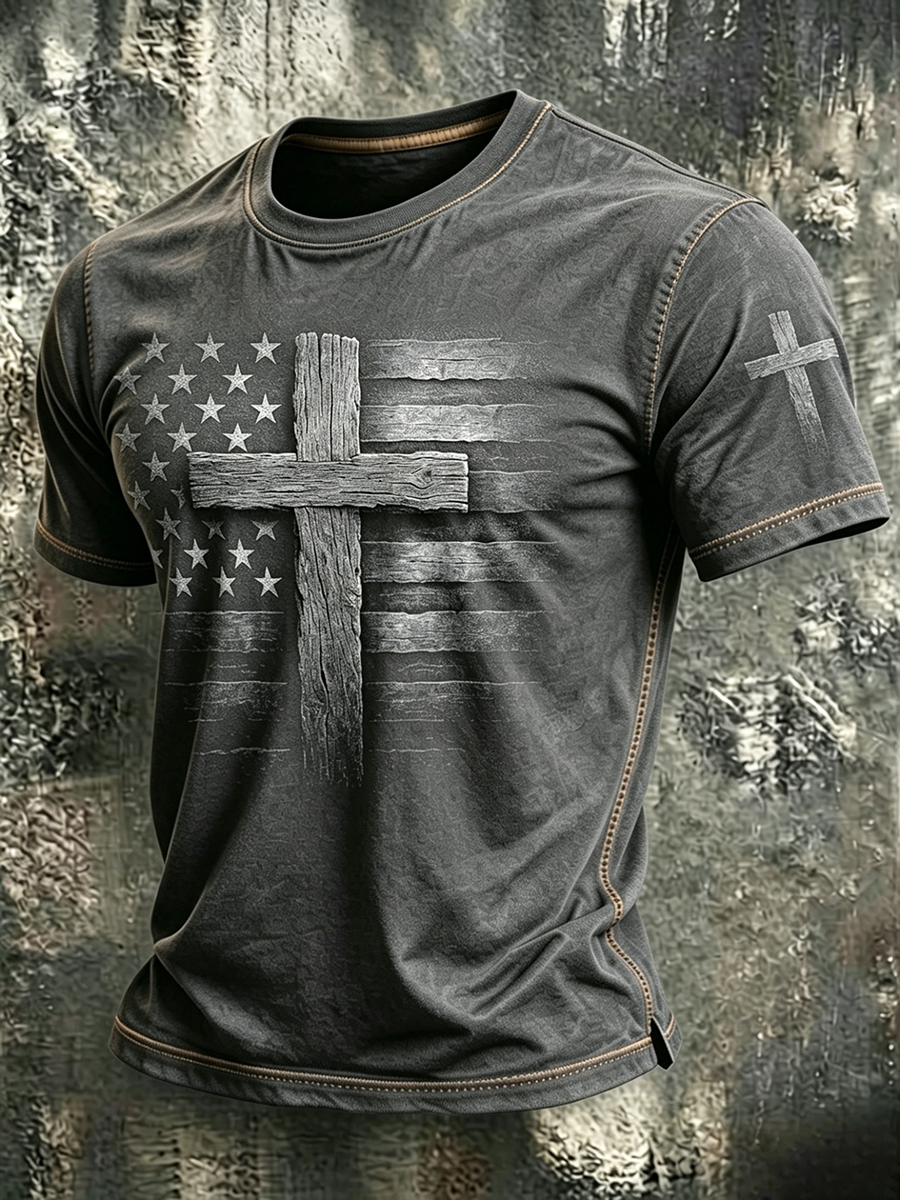 American Flag Faith Printed Round Neck T-shirt