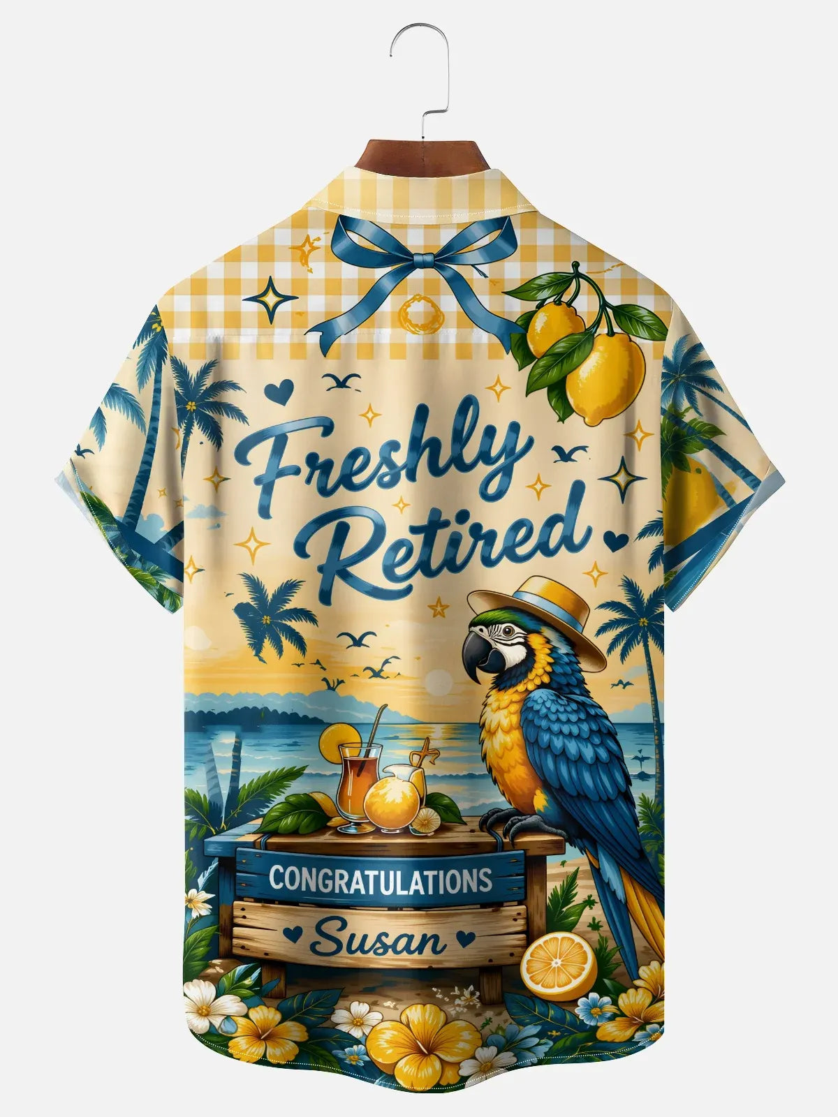 Moisture-Wicking Tropical "Retired Pirate Vacationing Parrot" Slogan Chest Pocket Hawaiian Shirt
