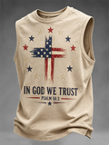 Men's Vintage American Flag Cross In God We Trust Psalm 56:3 Patriotic Sleeveless Crew Neck Tank Top