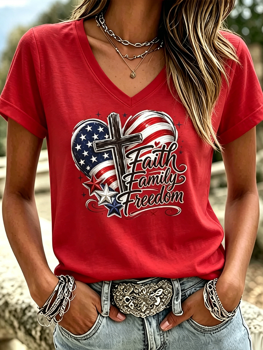 Women'S Patriotic Cross Print Casual T-Shirt