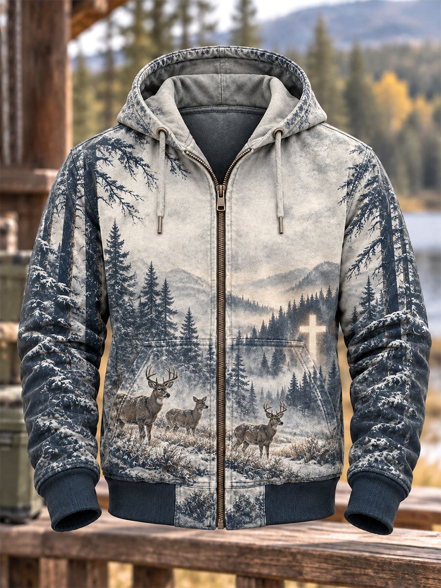 Men’s Snowy Forest Deer & Cross Print Full-Zip Hoodie