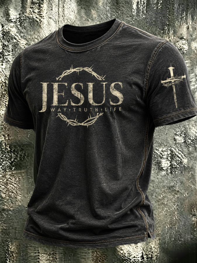 Religious Faith Cross Jesus Washed Into Old Printed Round Neck T-Shirt