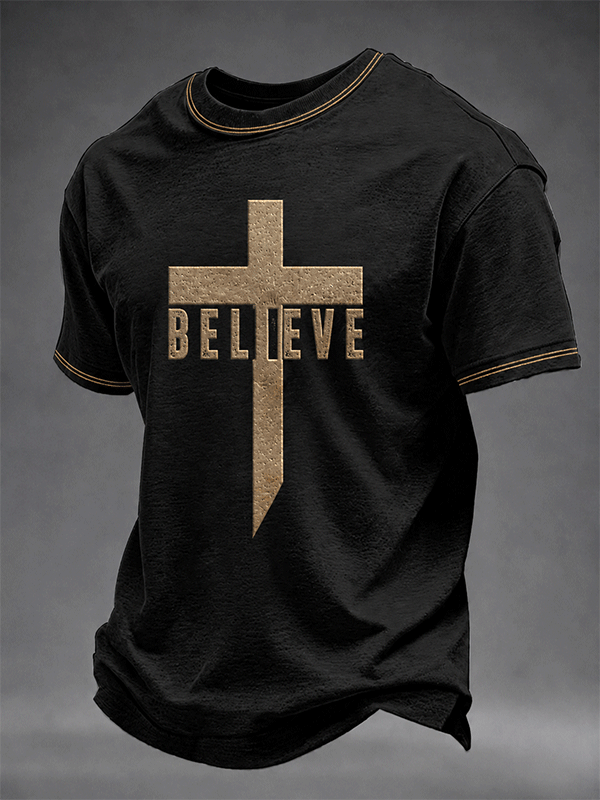 Men's Believe Gold Cross Trim Crew Neck Christian Graphic Tee