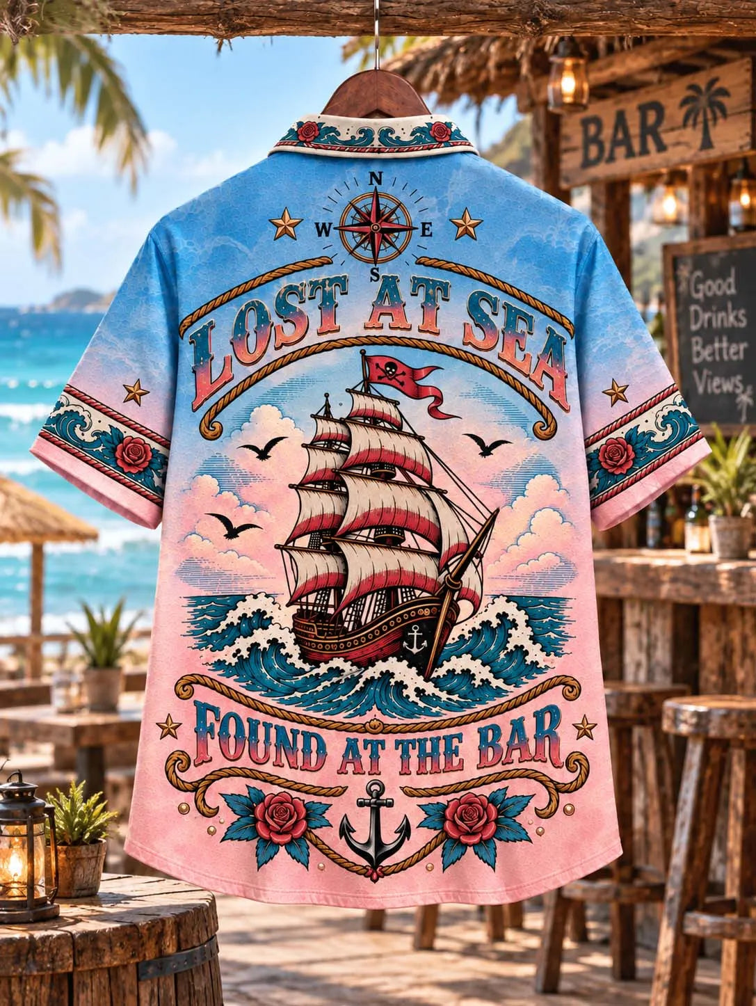 ⛵ Lost At Sea Found At The Bar Classic Sailing Ship Gradient Beach Shirt