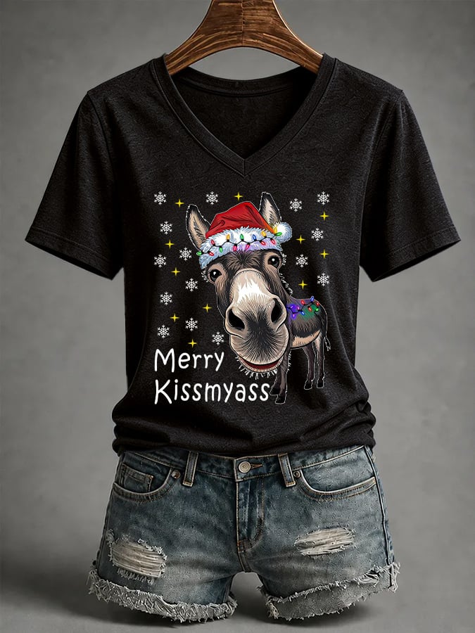 V-Neck Retro Funny Christmas Donkey Merry Kissmyass Print T-Shirt