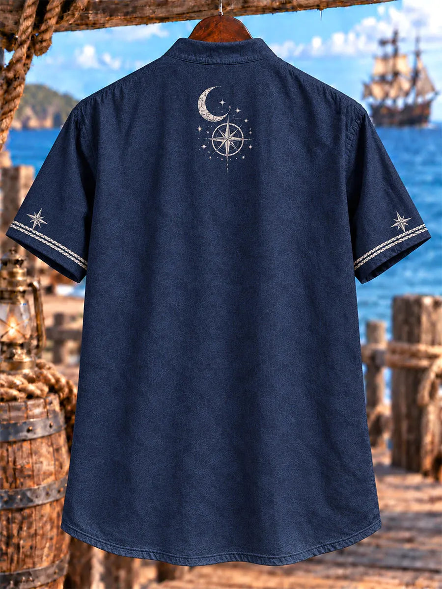 Men’s Moonlit Pirate Bar Theme Lace-Up Short Sleeve Shirt