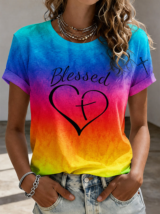 Women'S Faith Gradient Printed Short Sleeved Knitted Sweater