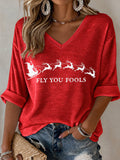 V-Neck Retro Funny Christmas Fly You Fools Reindeer Holiday Season Print T-Shirt