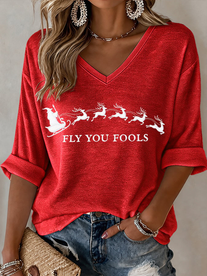 V-Neck Retro Funny Christmas Fly You Fools Reindeer Holiday Season Print T-Shirt