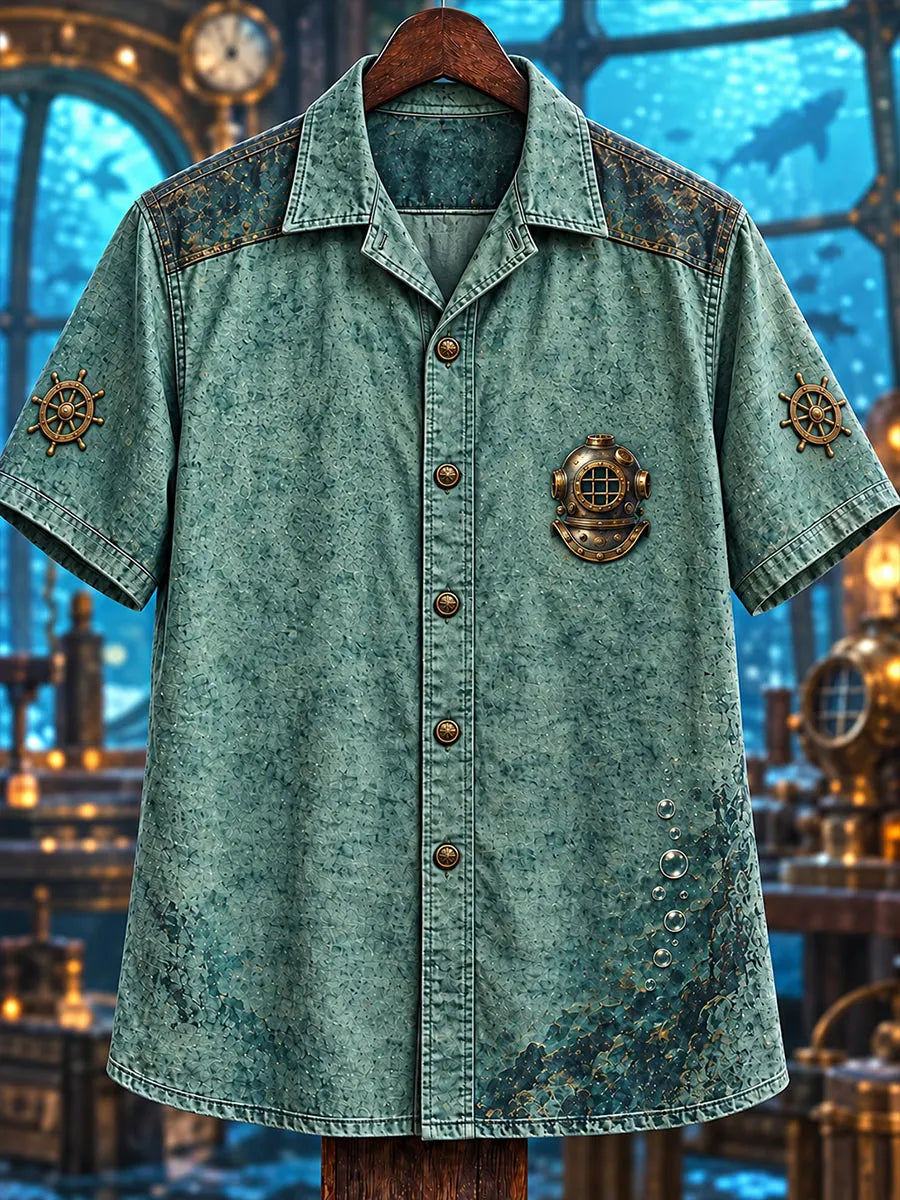Men’s Steampunk Deep-Sea Treasure Skeleton Diver Short-Sleeve Shirt