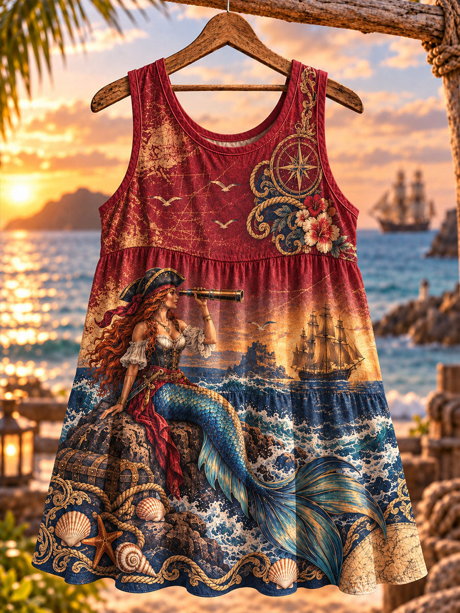Women’s Pirate Mermaid Nautical Print Sleeveless Tank Top