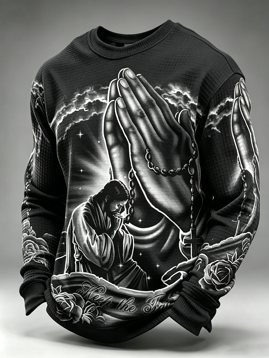 Religious Belief Jesus Cross Print Waffle Long Sleeved Shirt