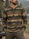 Men’s Retro Hunting Culture Print Casual Long Sleeve Henley Shirt