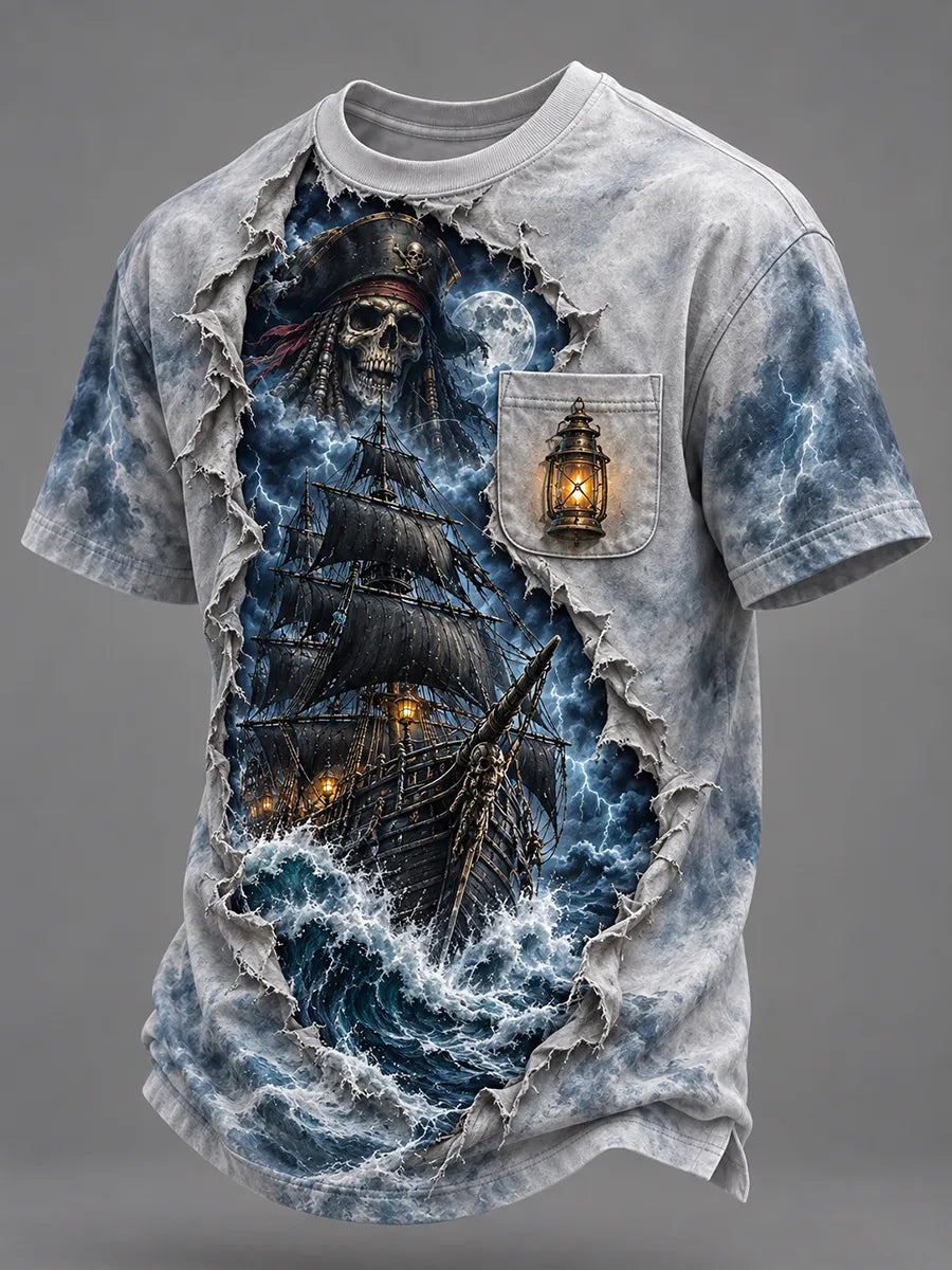 ⚡ 🌩️"Stormy Waters" Torn Effect Pirate Ship Tee⚓