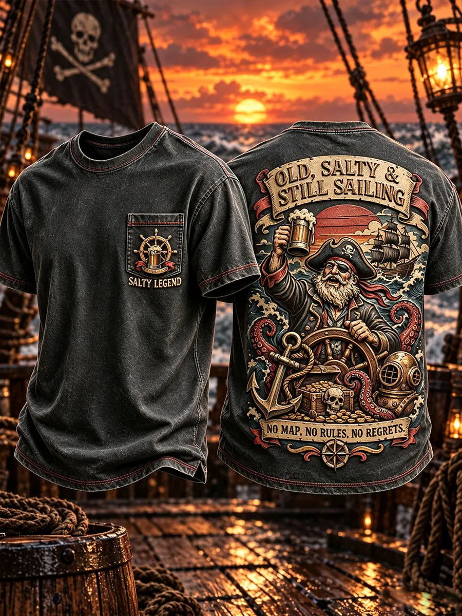 Men’s Old Salty Pirate Nautical Vintage Graphic Pocket T-Shirt