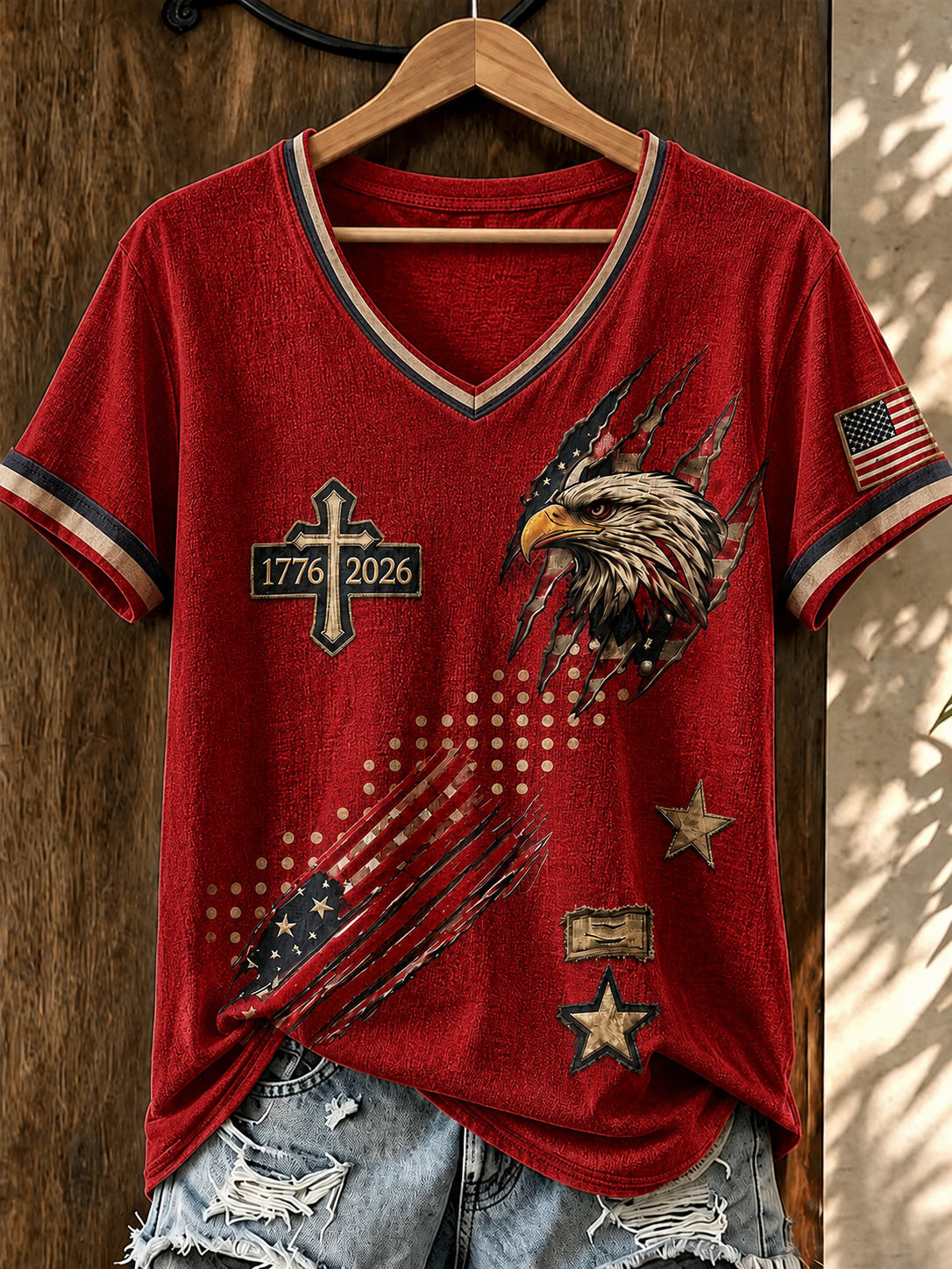 Women'S Retro Faith Flag Art Printed Casual Short Sleeve Knitted Shirt
