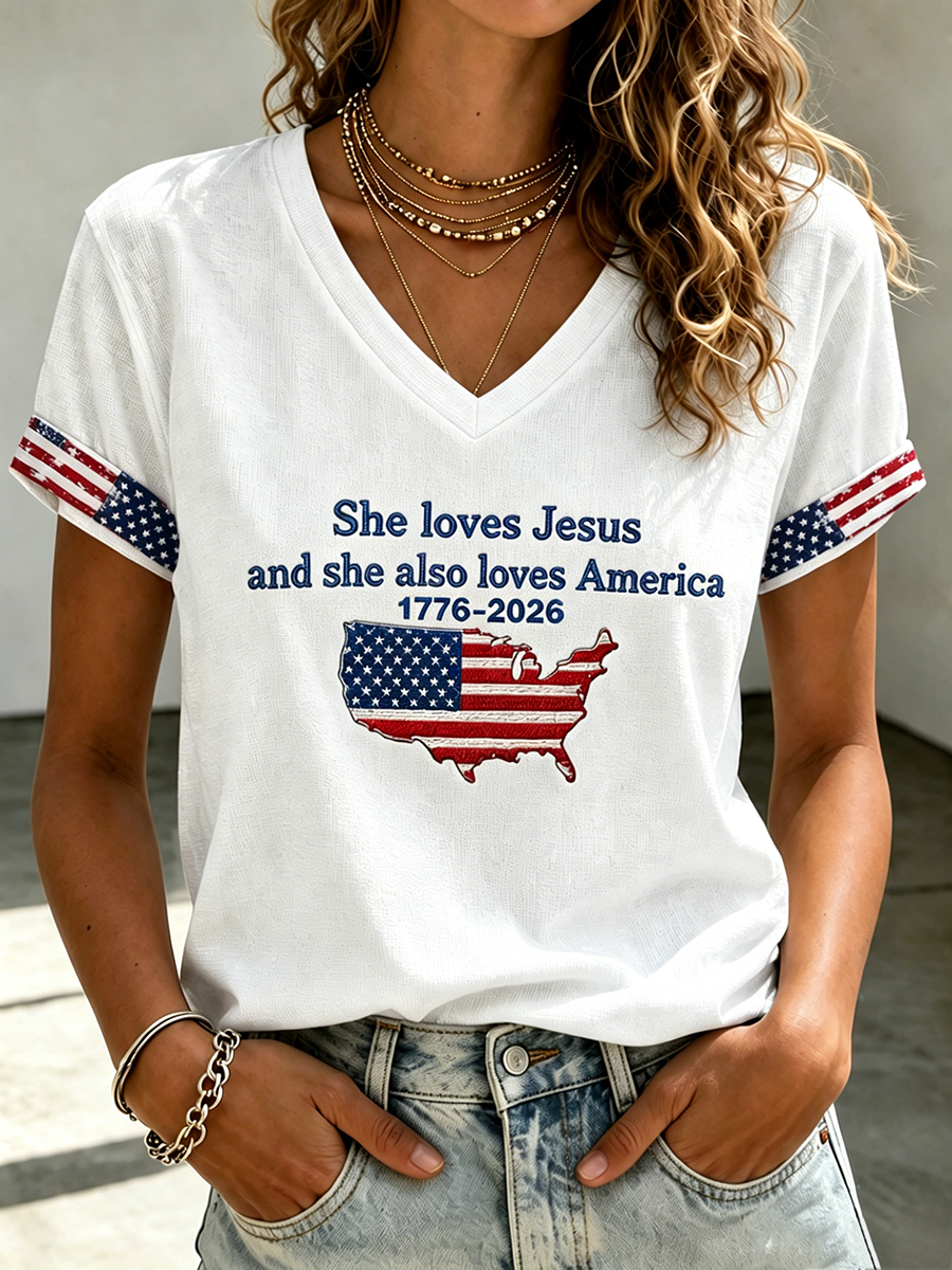 She loves Jesus and also loves the American flag commemorative print V-neck T-shirt