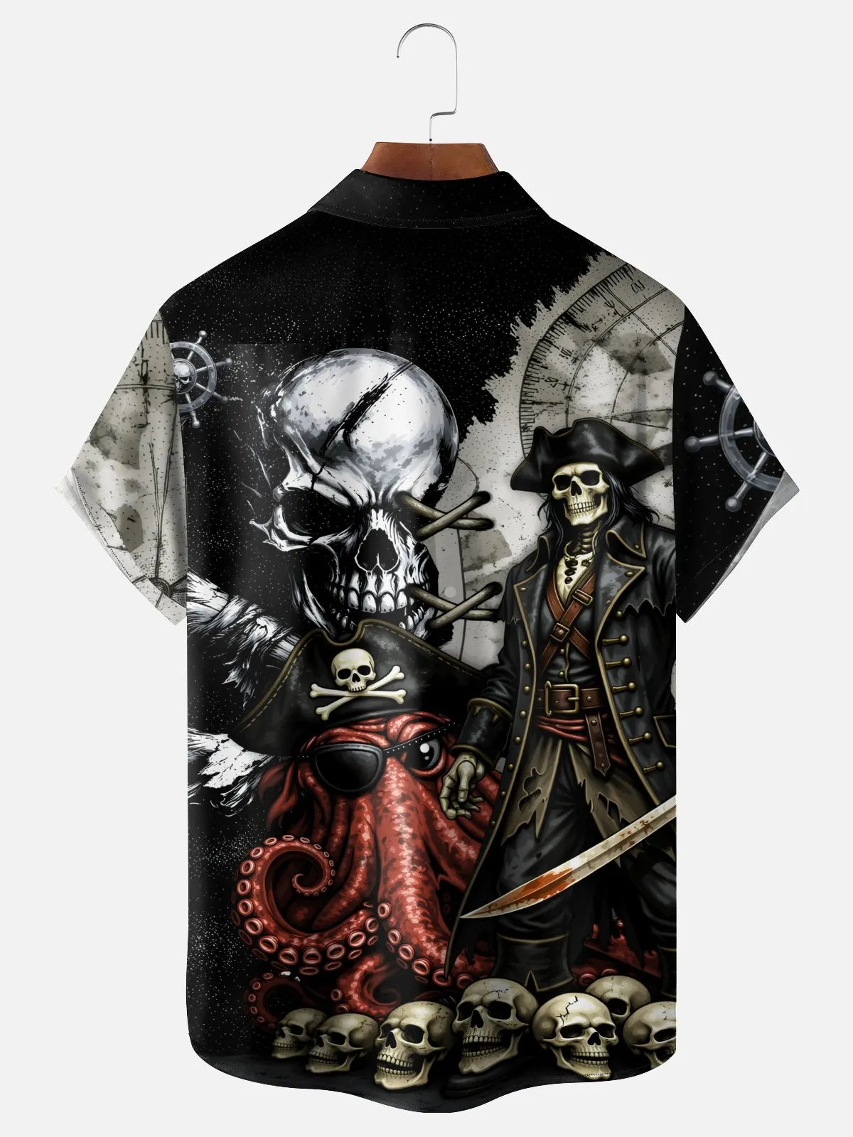 Moisture-Wicking Gradient Pirate Octopus & Skull Chest Pocket Hawaiian Shirt